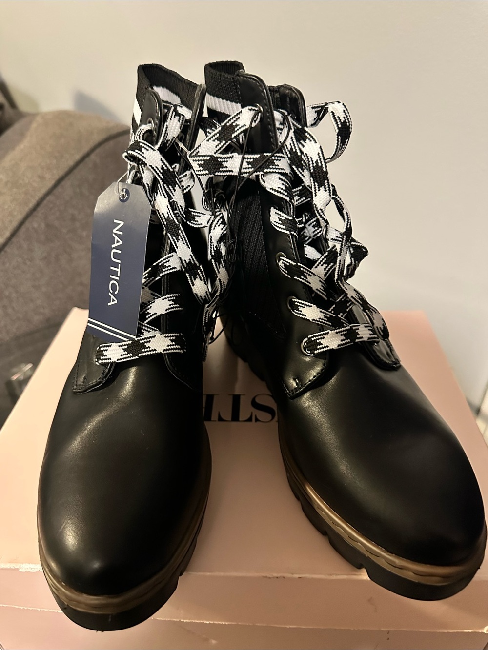 Nautica Black Lace-Up Ankle Boots with Patterned White & Black Laces